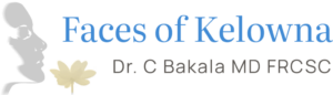 The Faces of Kelowna logo, which has Faces of Kelowna written in blue writing, with Dr. C Bakala MD FRCSC written underneath, with a grey stylized outline of a face on the left hand side.